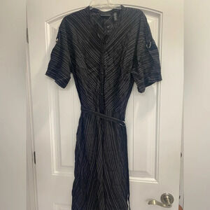 APOSTROPHE Black Silver fit flare Dress, Belted, Collar, Button Front, Roll Tab